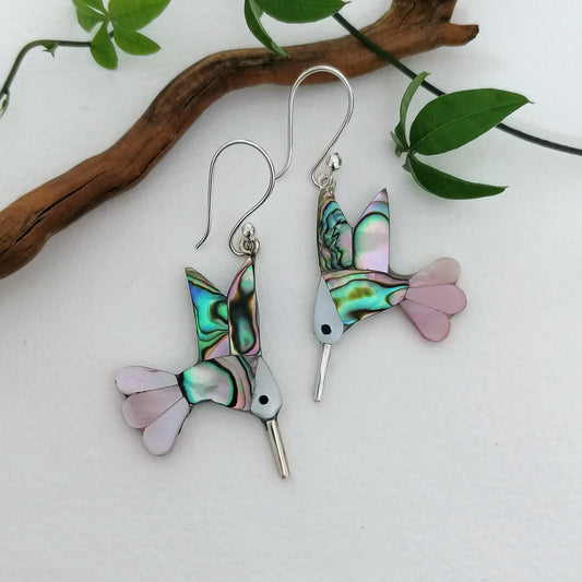 Pink Tailed Hummingbird Earrings - Abalone Shell