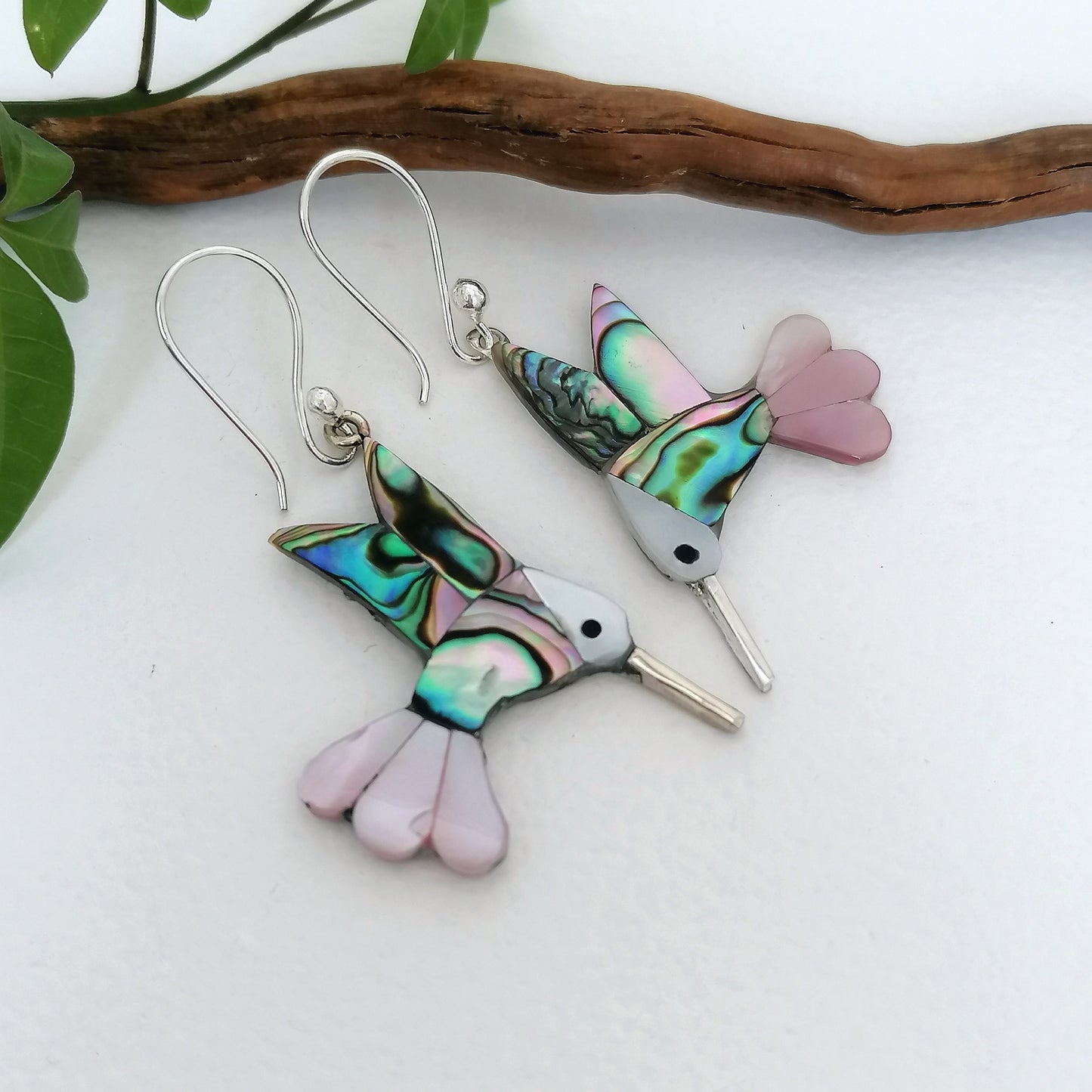 Pink Tailed Hummingbird Earrings - Abalone Shell