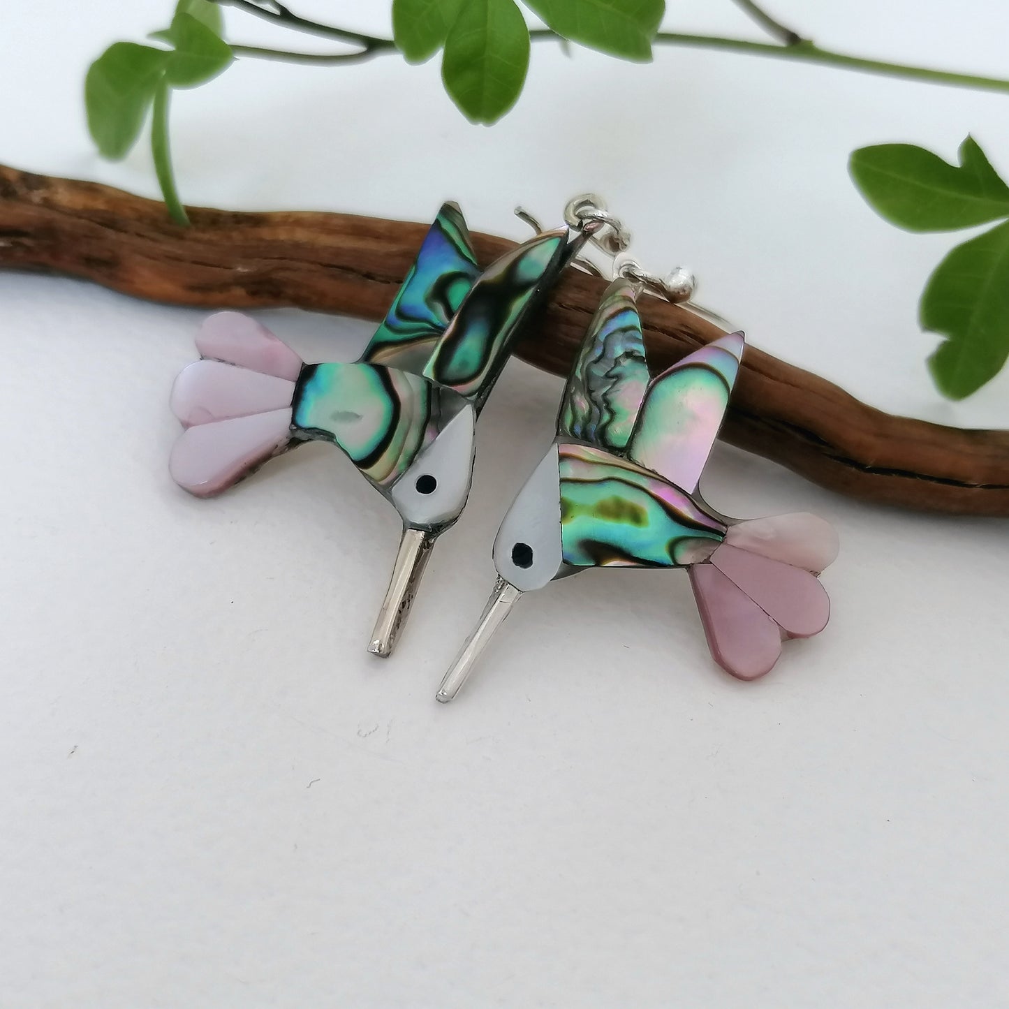 Pink Tailed Hummingbird Earrings - Abalone Shell