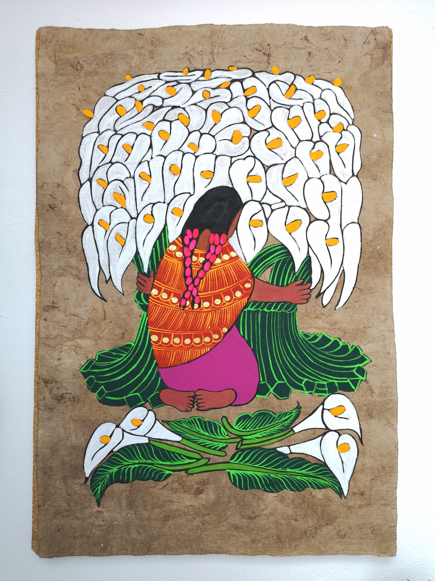 Calla Lilies Flower Seller - Bark Painting 24" x 16"