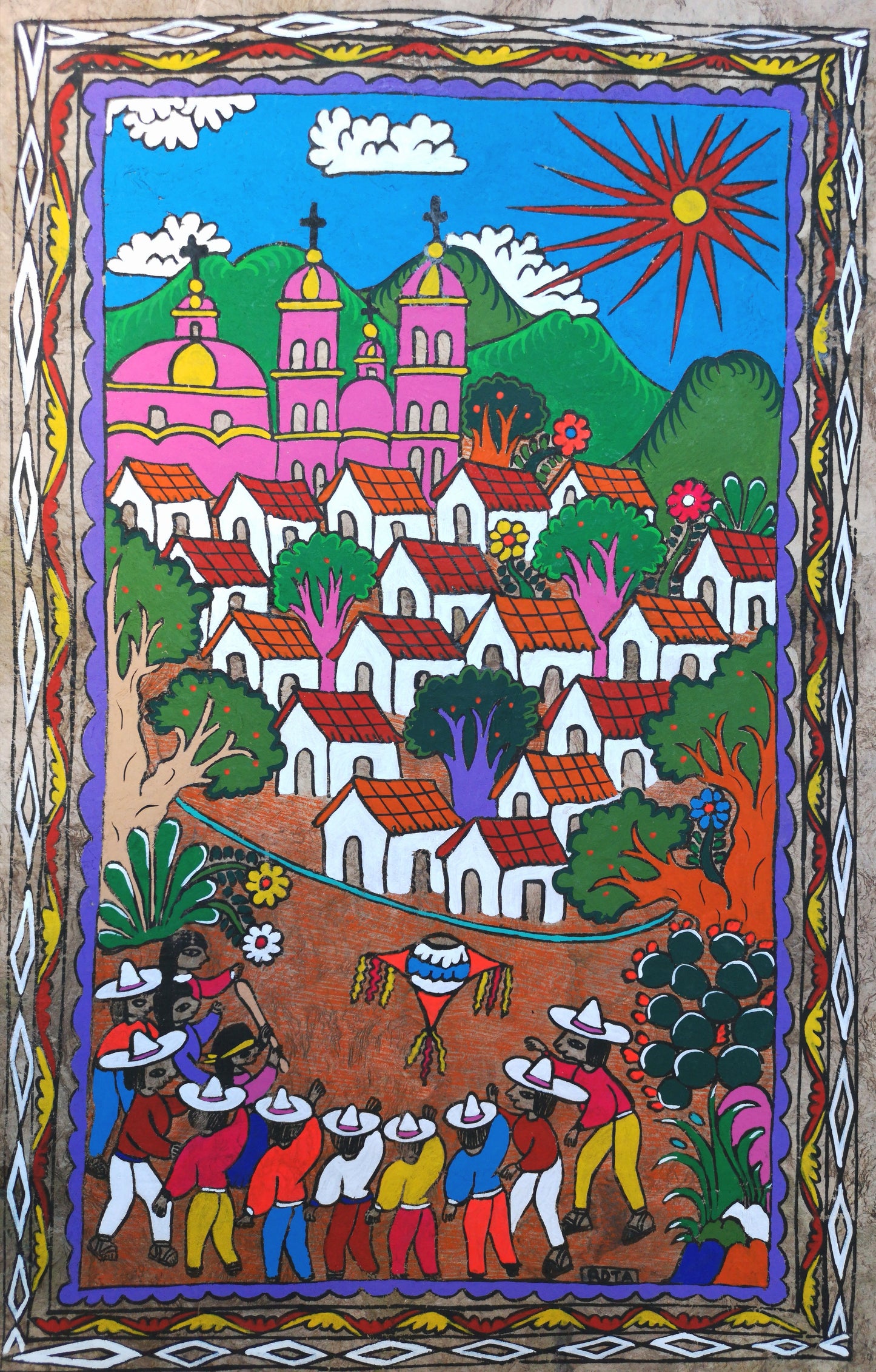 Mexican Fiesta Mission Church - Bark Painting 24" x 16"