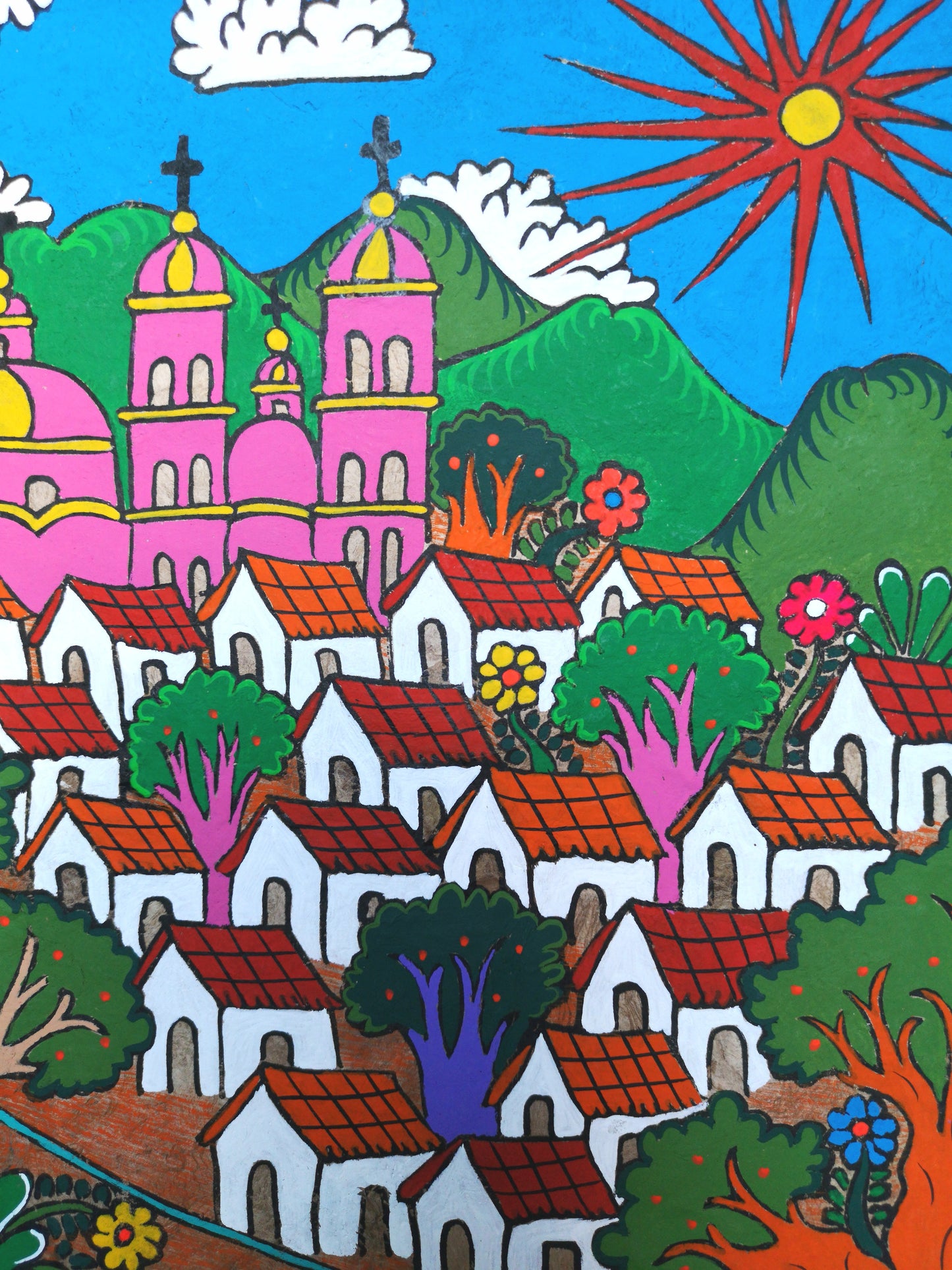 Mexican Fiesta Mission Church - Bark Painting 24" x 16"