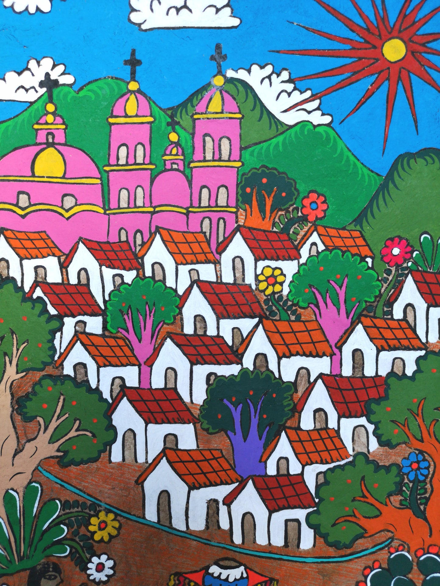 Mexican Fiesta Mission Church - Bark Painting 24" x 16"