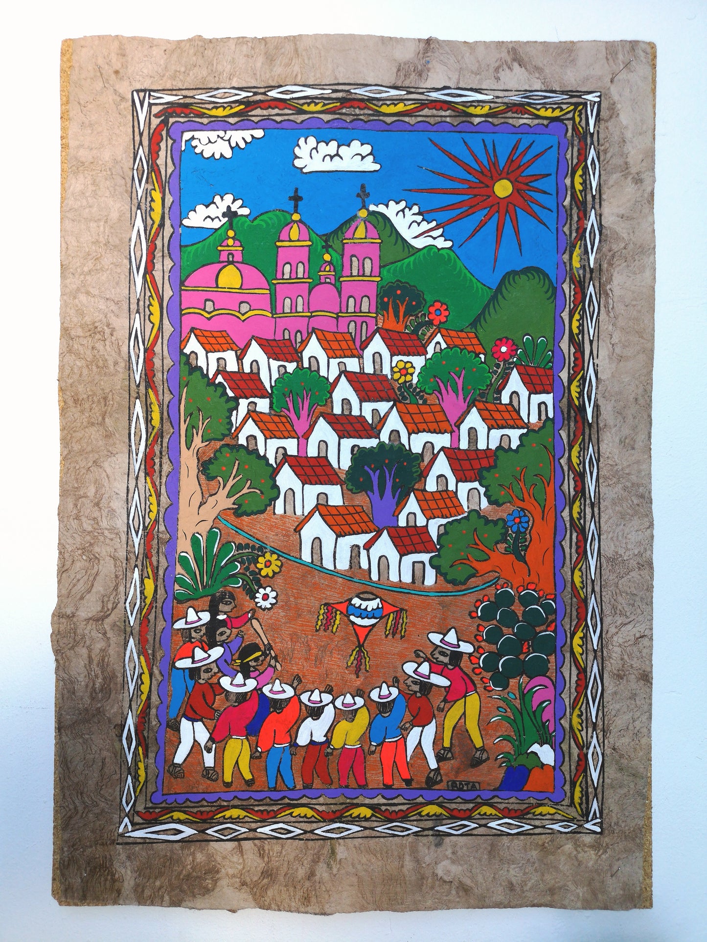 Mexican Fiesta Mission Church - Bark Painting 24" x 16"