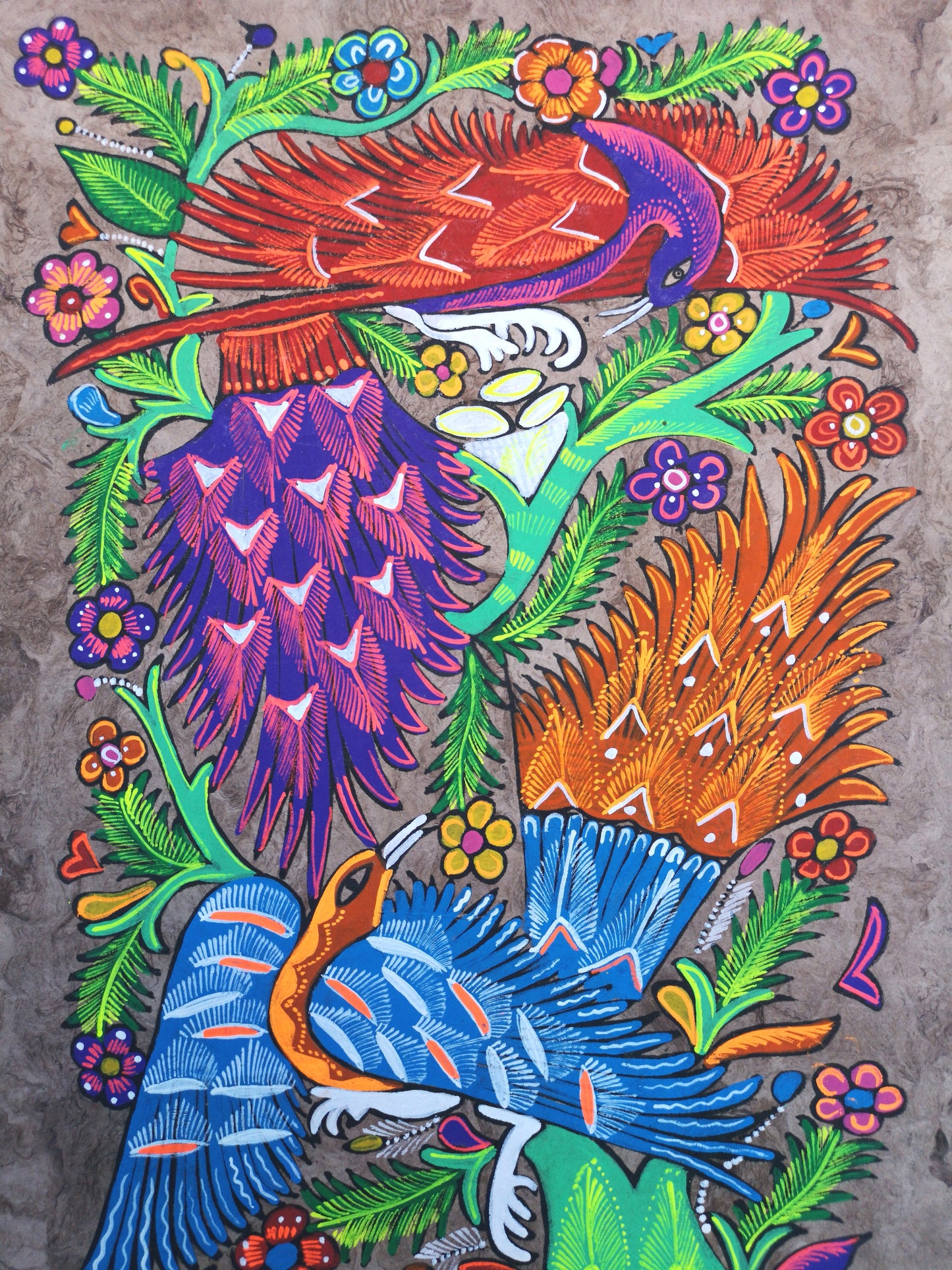 Tropical Peacocks - Bark Painting 24"x16"