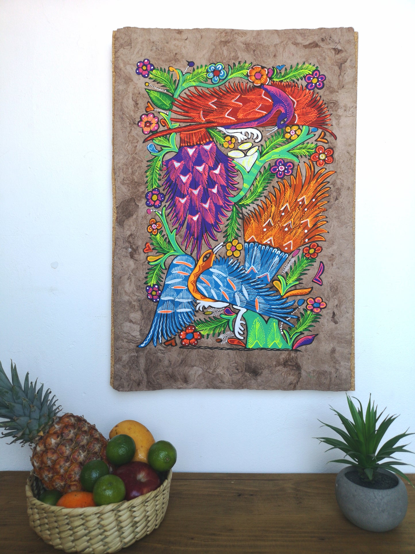 Tropical Peacocks - Bark Painting 24"x16"