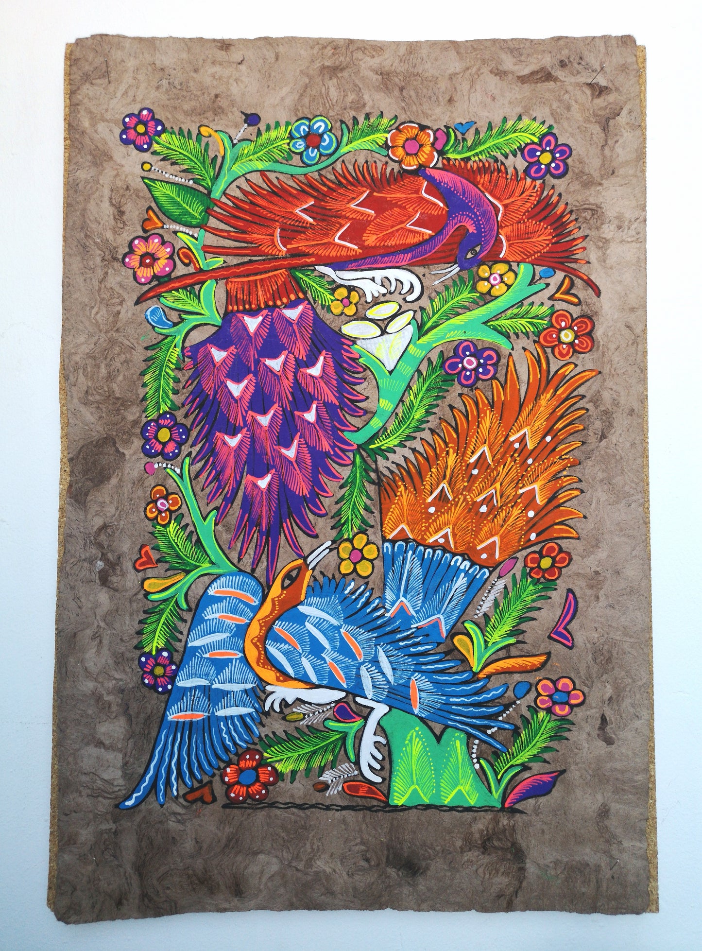 Tropical Peacocks - Bark Painting 24"x16"