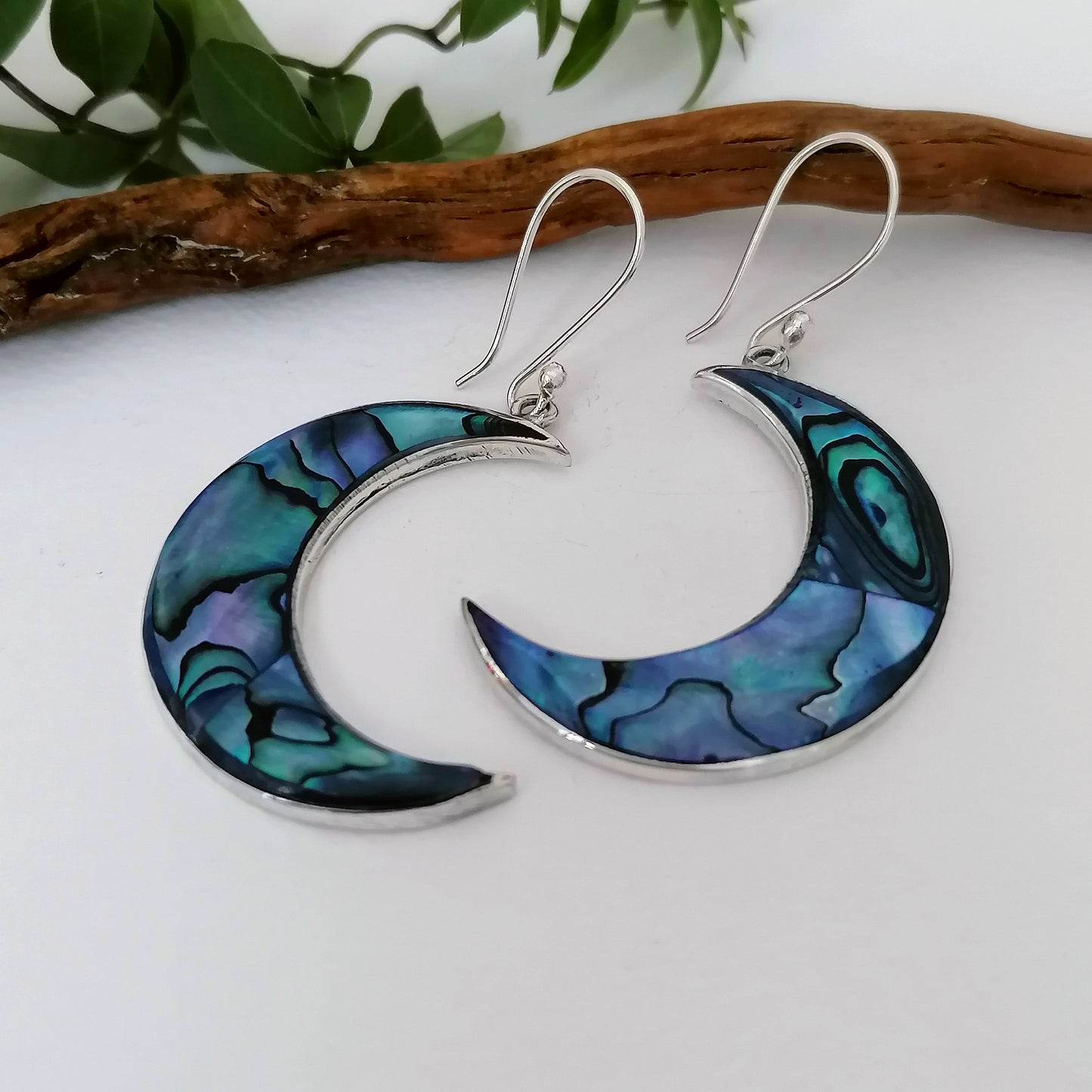 Teal Blue Moon Earrings - Abalone Shell