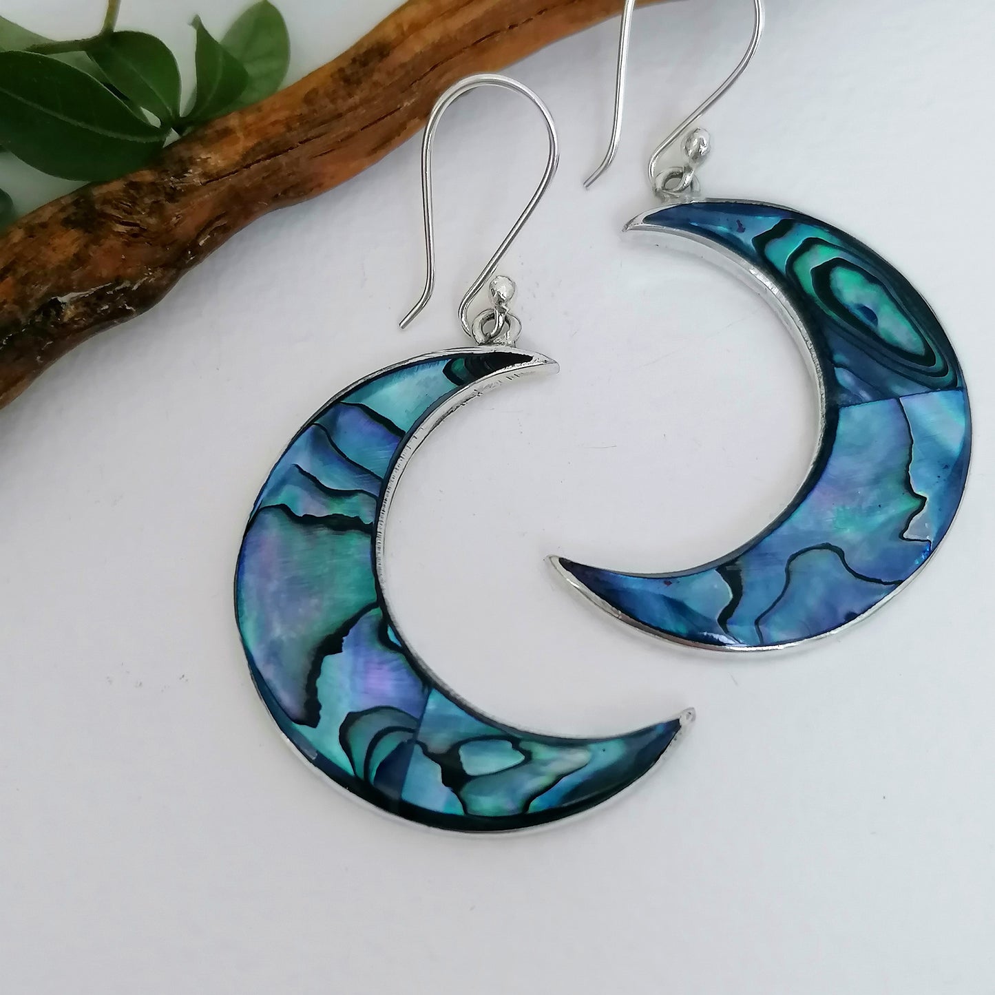 Teal Blue Moon Earrings - Abalone Shell