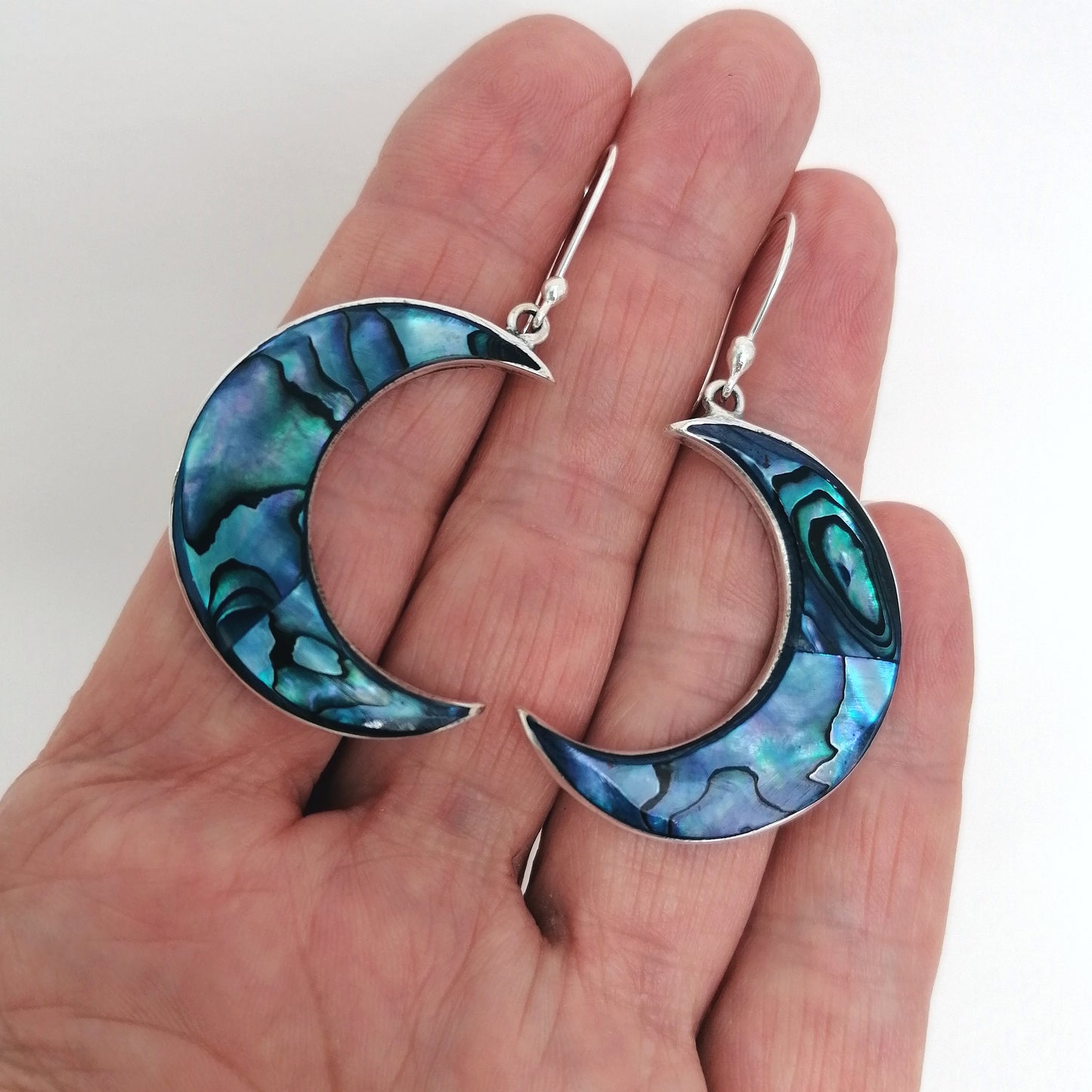 Teal Blue Moon Earrings - Abalone Shell