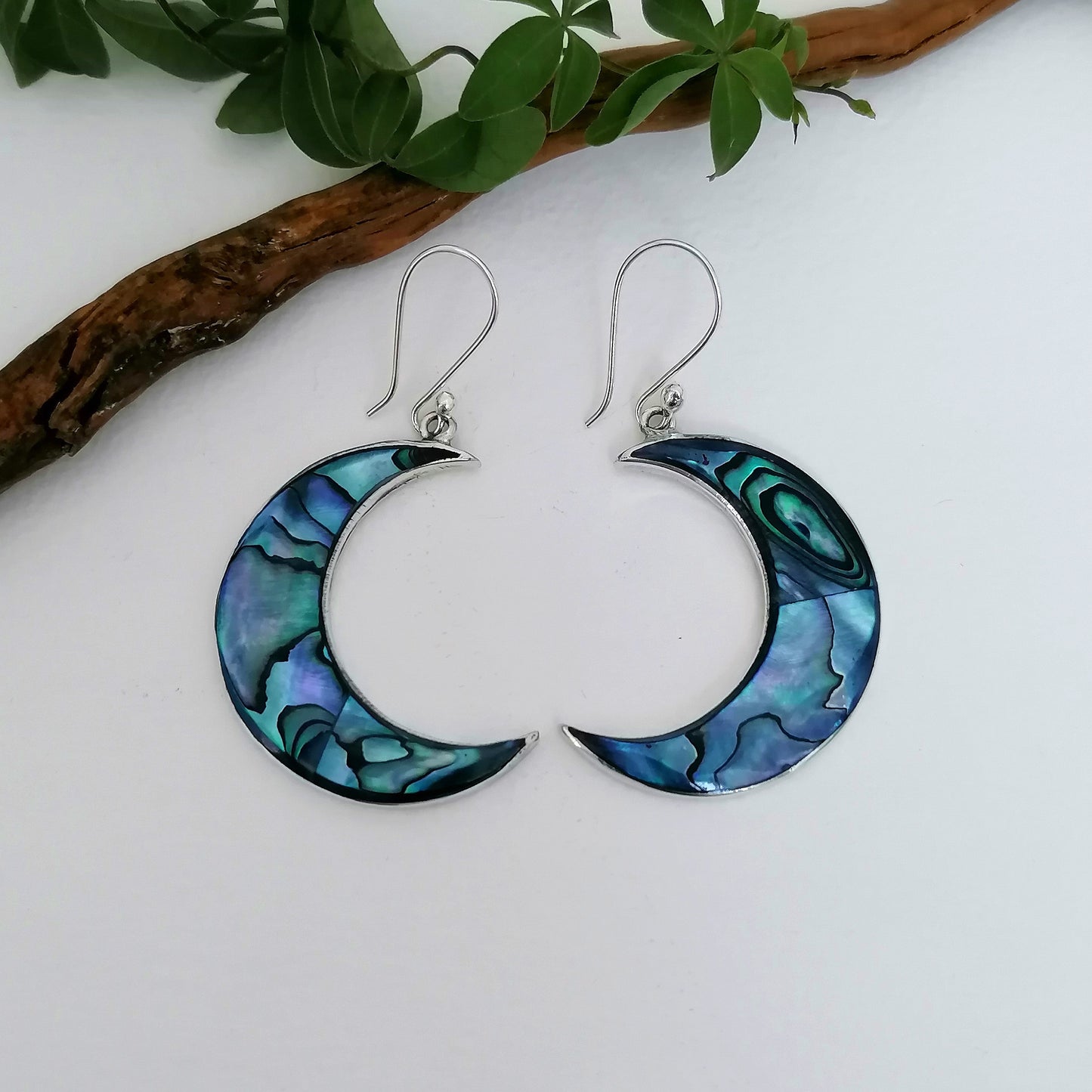 Teal Blue Moon Earrings - Abalone Shell