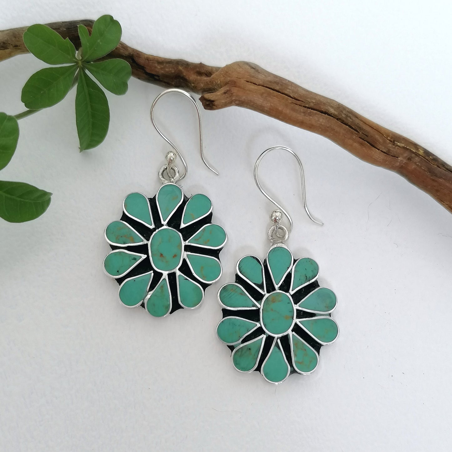 Turquoise Squash Blossom Earrings - Enamel Inlay