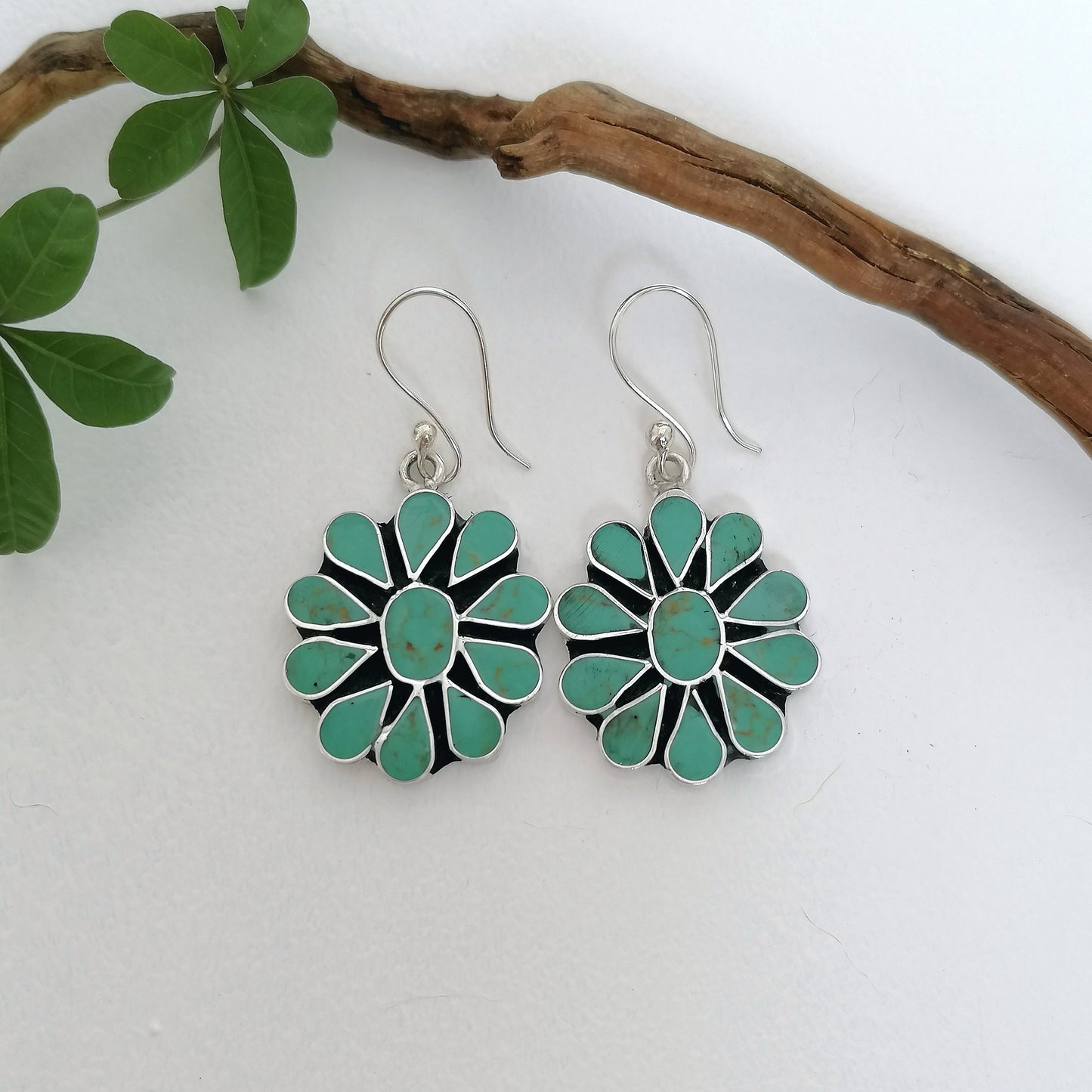 Turquoise Squash Blossom Earrings - Enamel Inlay