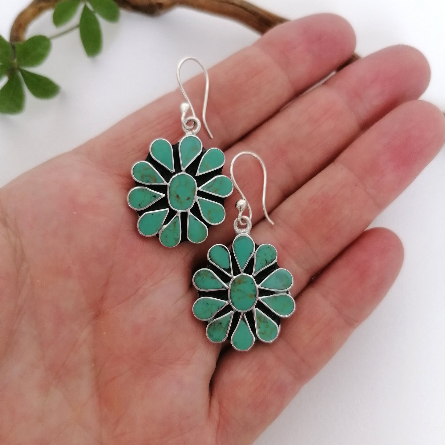 Turquoise Squash Blossom Earrings - Enamel Inlay