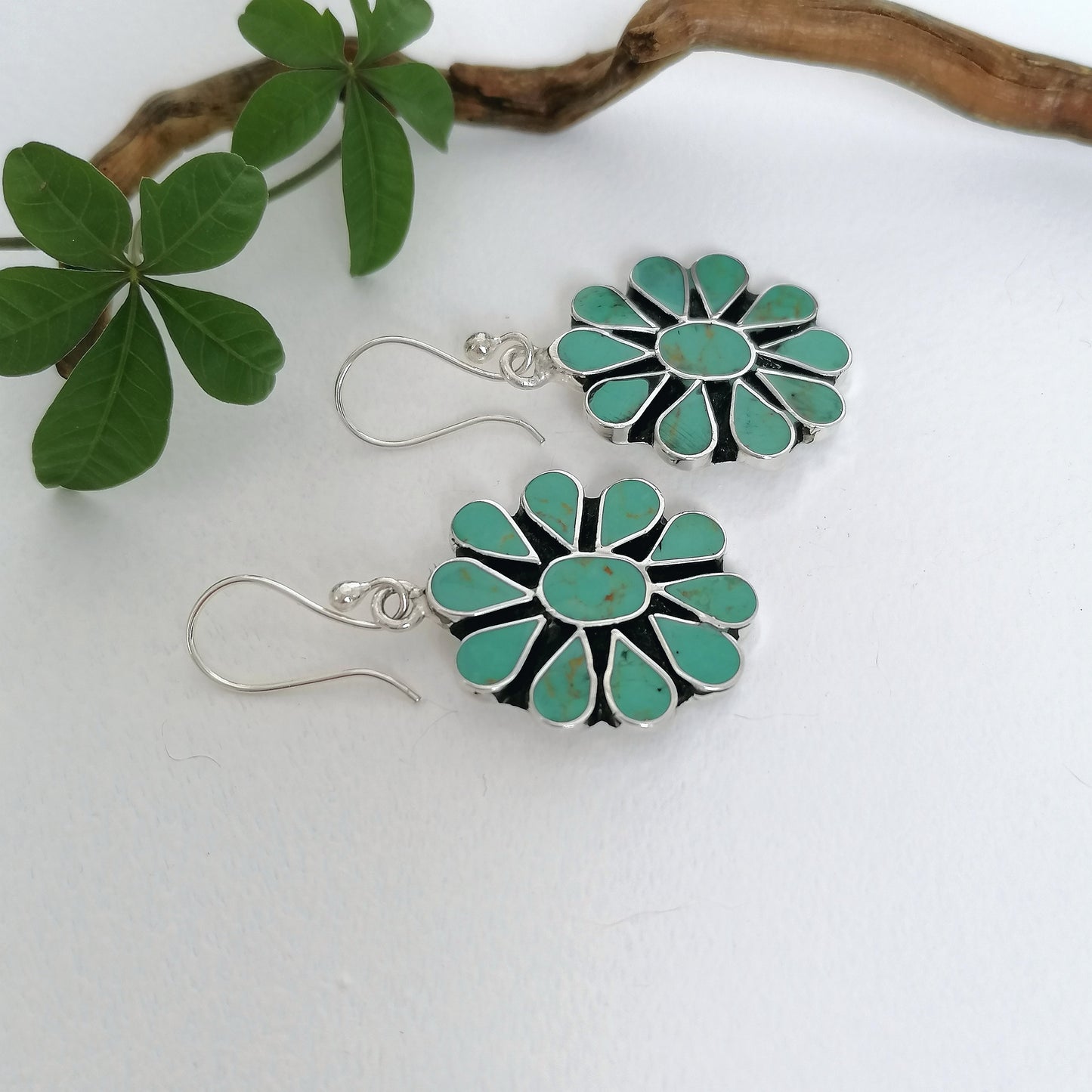 Turquoise Squash Blossom Earrings - Enamel Inlay