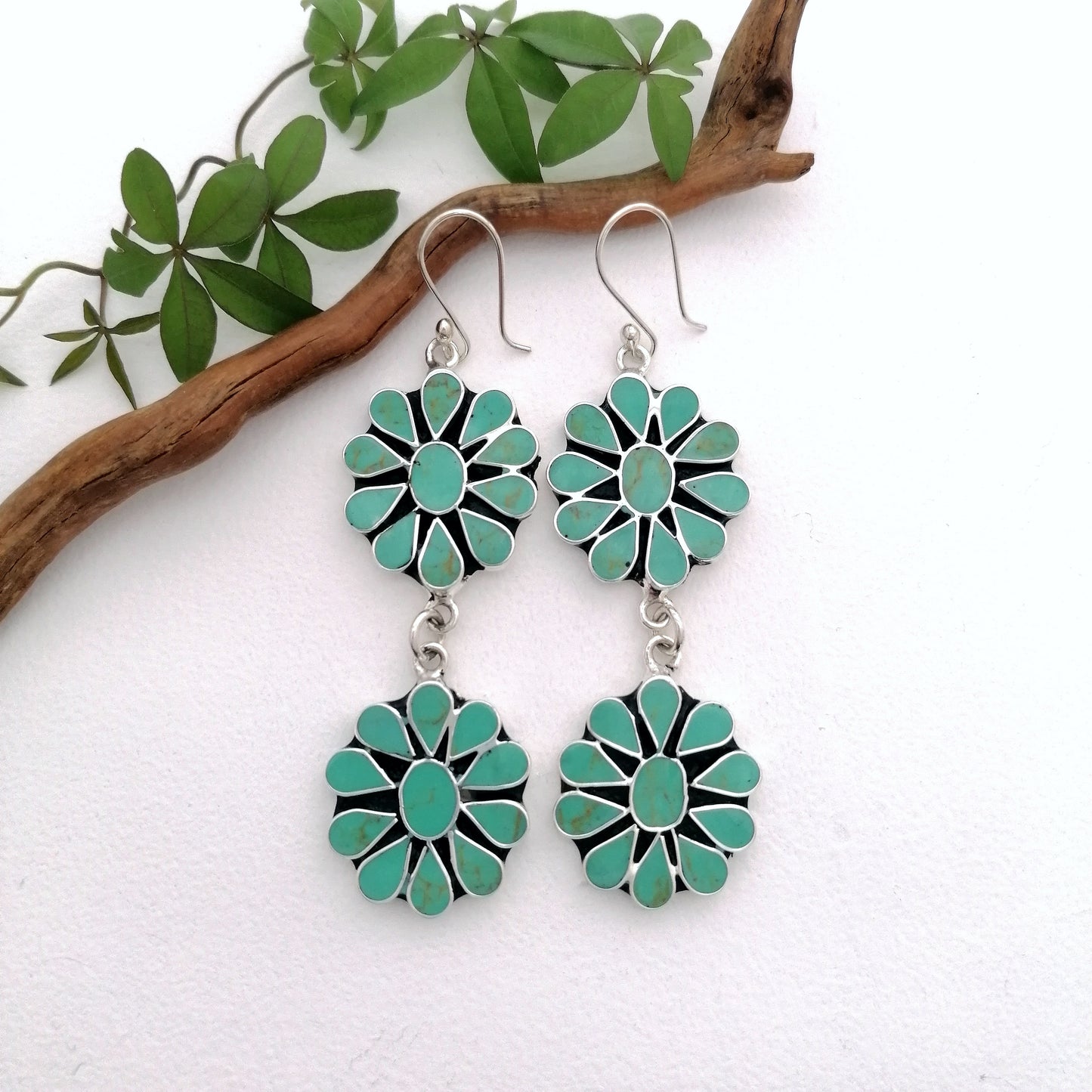 Turquoise Squash Blossom Earrings - Enamel Inlay