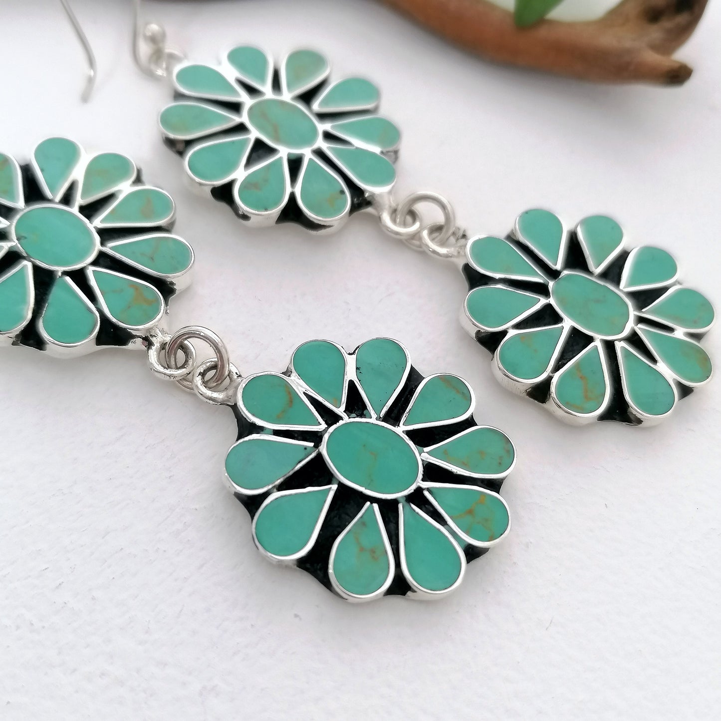 Turquoise Squash Blossom Earrings - Enamel Inlay