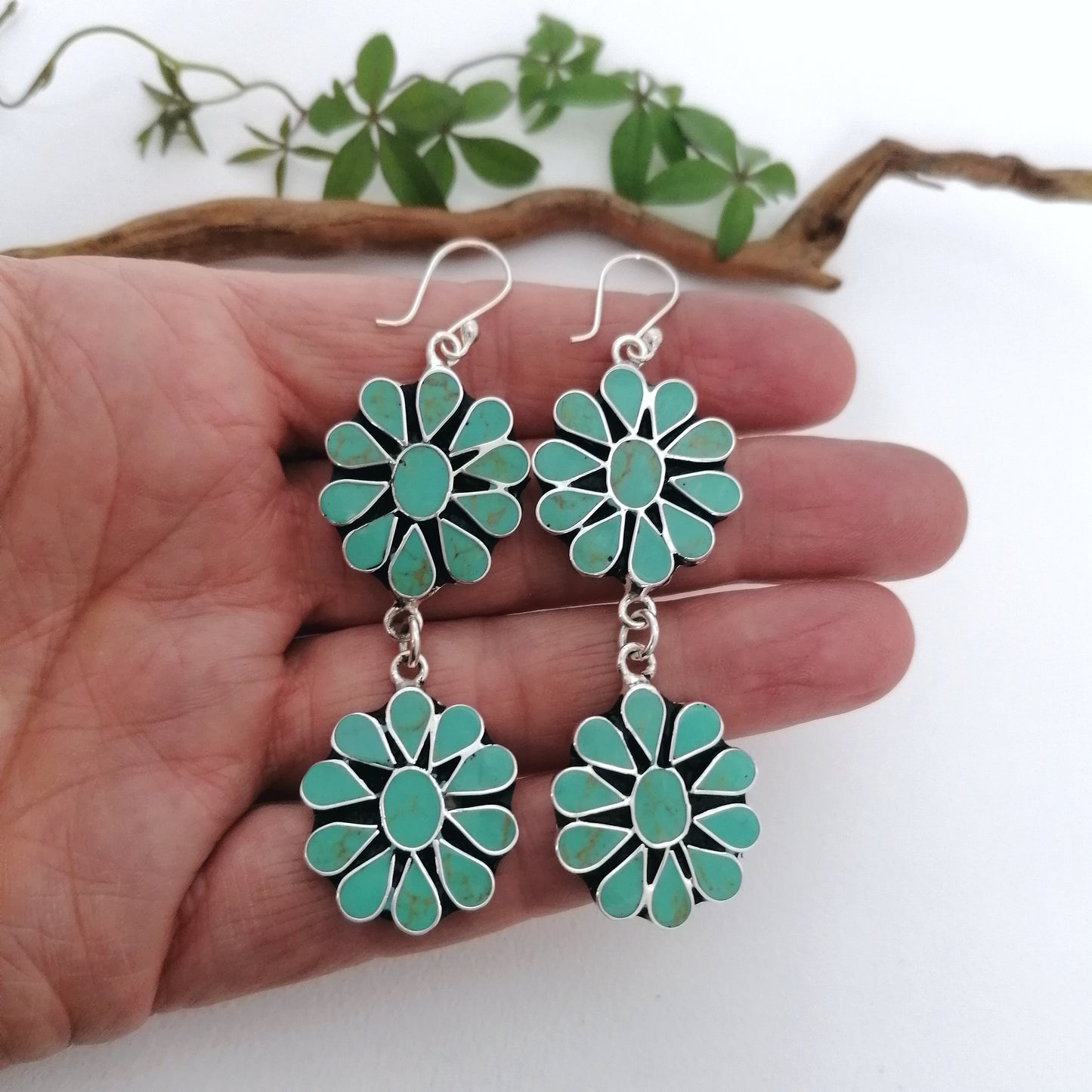 Turquoise Squash Blossom Earrings - Enamel Inlay