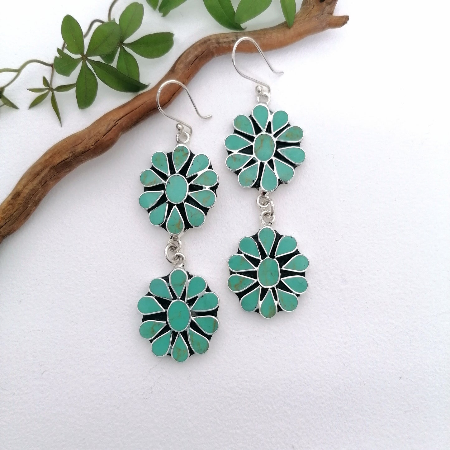 Turquoise Squash Blossom Earrings - Enamel Inlay