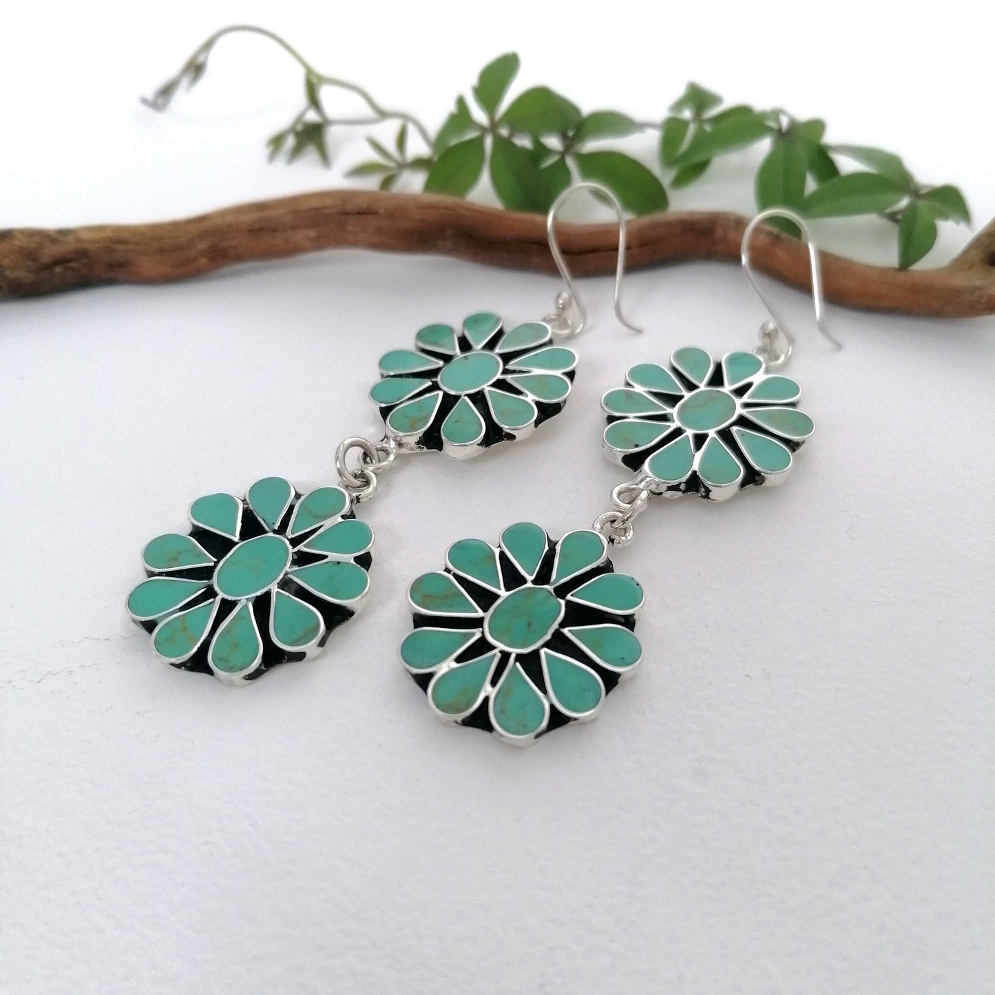 Turquoise Squash Blossom Earrings - Enamel Inlay